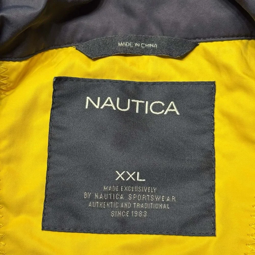 Nautica Mens XXL Windbreaker Jacket Blue Yellow Large Spellout Lightweight GUC